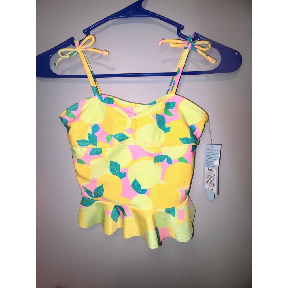 Cat & Jack Girls Lemon Print Tankini Swim Top Yellow Pink Size S 6-7 NWT